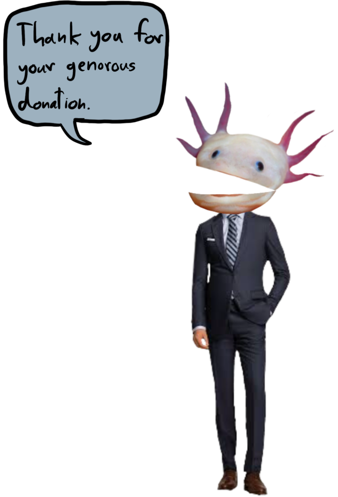 Axolotl in a suit saying thank you